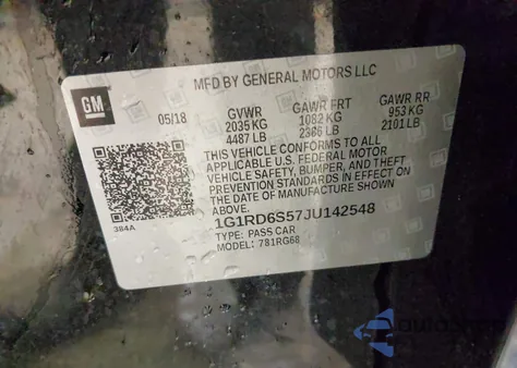 2018 Chevrolet Volt Premier из США, поврежденный, VIN 1G1RD6S57JU142548